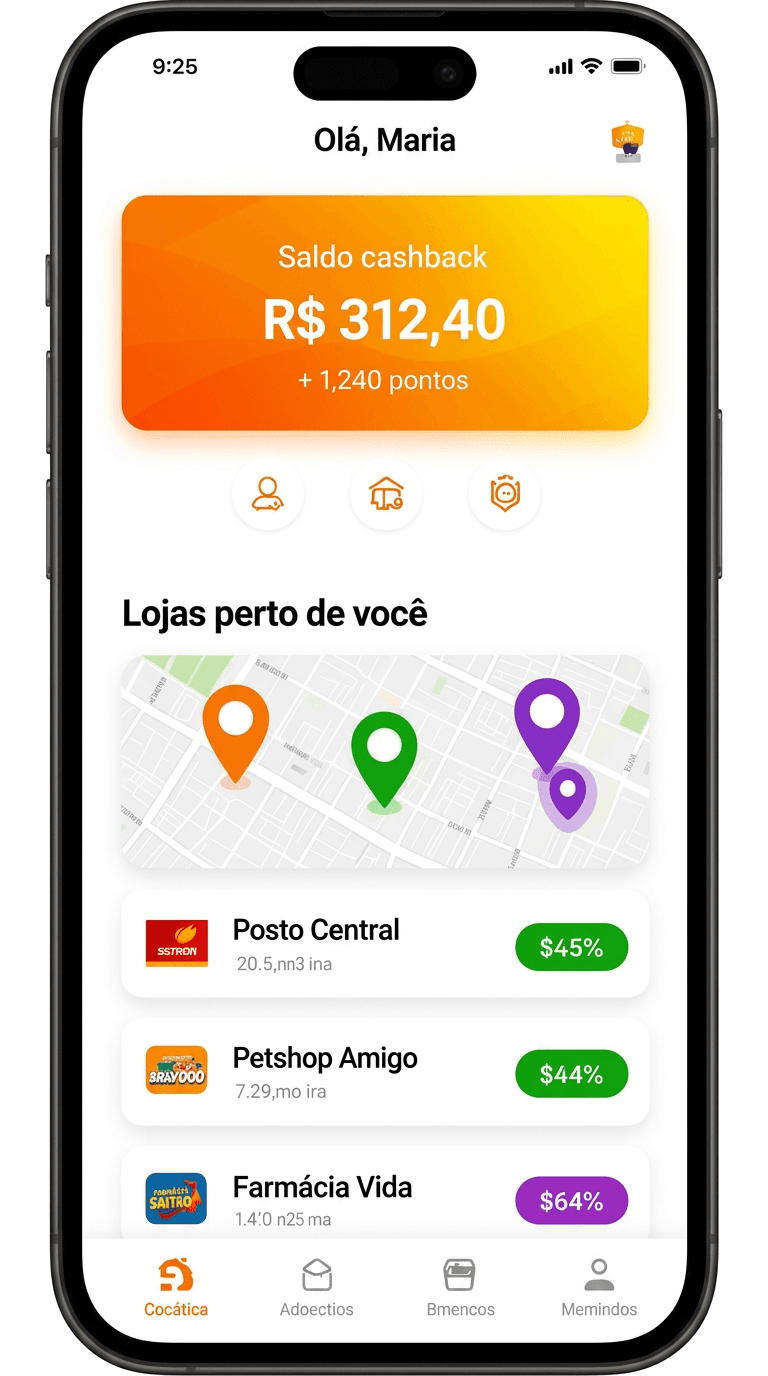 App Ponto Cash mostrando saldo e lojas próximas
